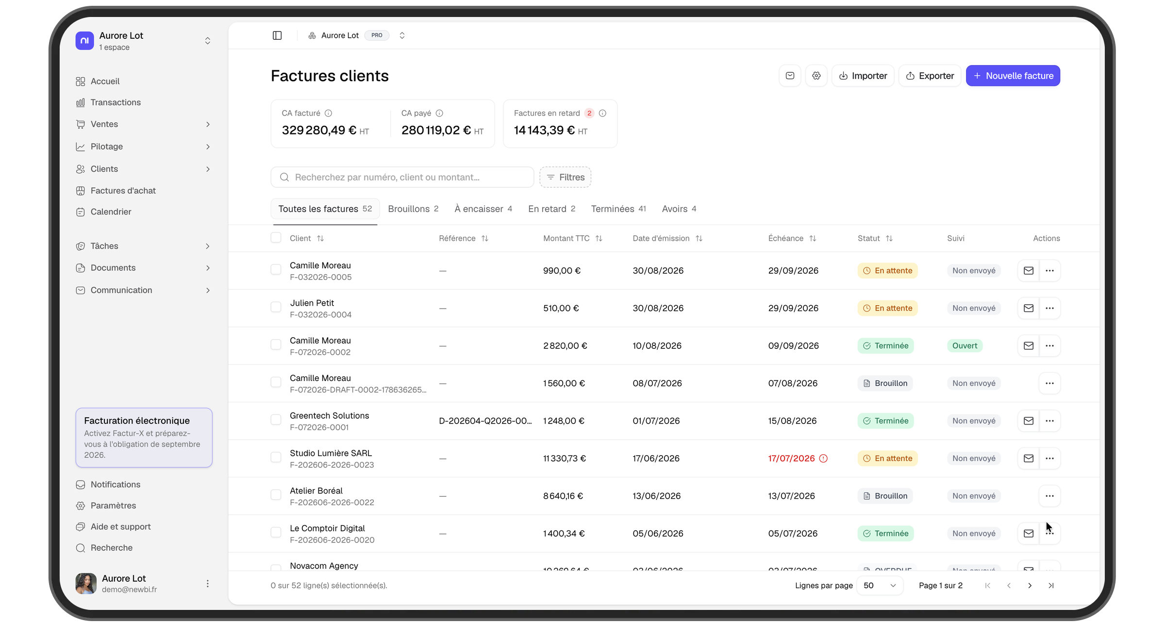 Liste des factures clients dans Newbi : statuts, échéances et suivi