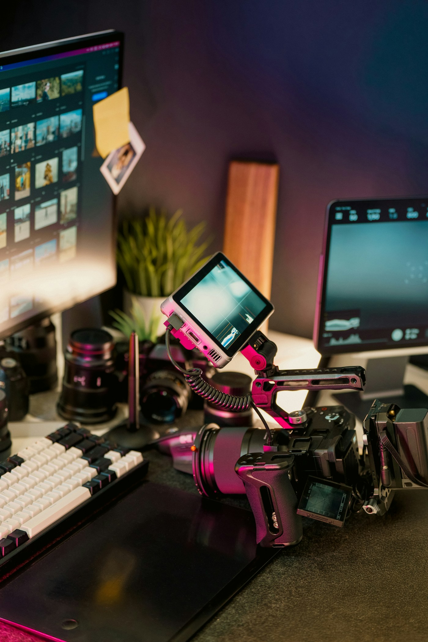 Le bureau d'un créatif avec son appareil photo, ses objectifs et ses écrans